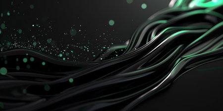 An abstract background in black and neon green with flowing curves and glowing particles creates a...