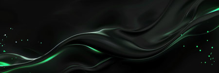 Abstract green and black background featuring wavy lines and sparkling dots, perfect for modern designs.の写真素材