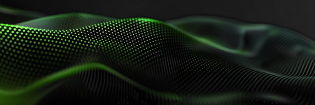 Dynamic abstract digital wave with glowing green dots on a dark background, perfect for tech themes.の写真素材
