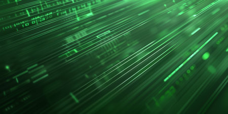 Digital streams in green symbolize innovation and connection for those with tech and data...