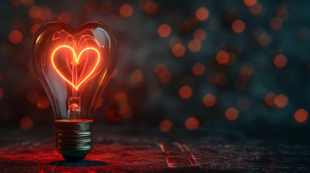 Red heartshaped filament in light bulb on dark background with bokeh lights creates romantic ambianceの写真素材