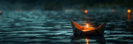 Tranquil waters at night, illuminated by glowing candlelit paper boats in a peaceful, reflective scene.の写真素材