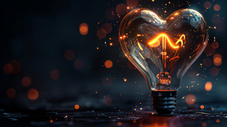 Heart-shaped light bulb glowing amidst bokeh lights, evoking warmth, creativity, and romantic ambiance.の写真素材