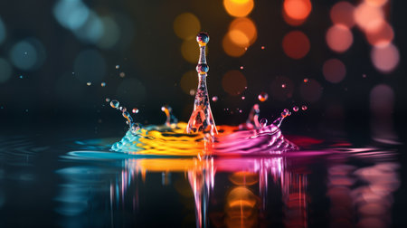 Vibrant water splash in rainbow colors with a beautiful bokeh background, showcasing motion in liquid artの写真素材