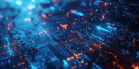 High-tech circuit board with vibrant blue and orange lights, depicting a futuristic technology...