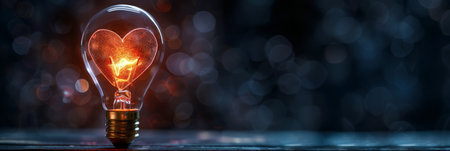 The heartshaped filament inside a light bulb glows, creating an emotional ambiance against a dark...