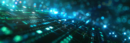 Abstract image of a futuristic digital data network with green and blue lights, symbolizing...