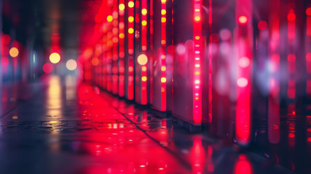 A high-tech data center with red-lit server racks and dynamic blurred lights creating a vibrant ambiance.の写真素材