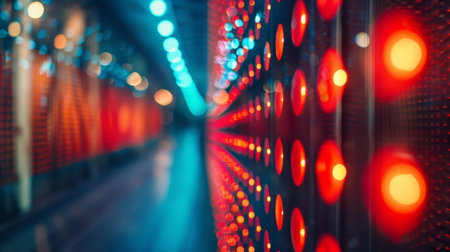 Futuristic data center corridor with vibrant blue and red LED lights, creating a tech-focused...