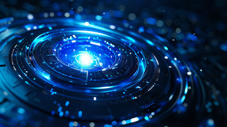 A stunning visualization of futuristic technology with a glowing blue light core and digital...