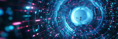 Experience a futuristic digital tunnel with neon lights, creating a cyberpunk ambiance that...
