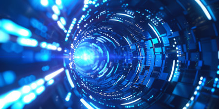 A visually stunning portrayal of a modern tunnel glowing with vibrant blue light effects in a...