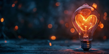 A beautiful light bulb with a heart-shaped filament glowing warmly, set against a dark, bokeh...
