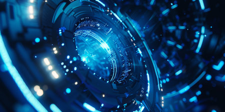 Explore advanced blue digital technology featuring intricate patterns and glowing lights in an abstract viewの写真素材