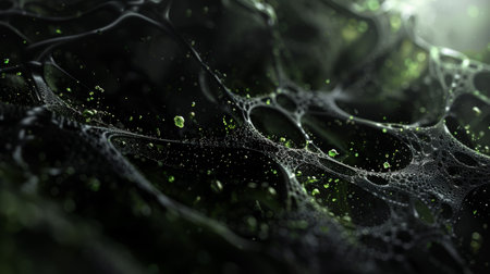 A close-up of a spider web with dewdrops glistening in the light, set against a green forest...