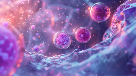 A vibrant depiction of microscopic cells showcasing intricate details in a glowing, abstract milieu.