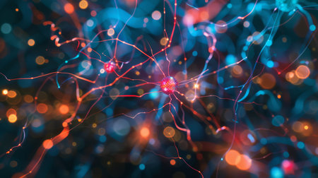 Neural networks visualized with bright colors, showing synaptic connections and active neurons in a dynamic systemの写真素材