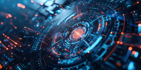 High-tech interface depicting futuristic digital elements and cyber technology in a dynamic abstract...
