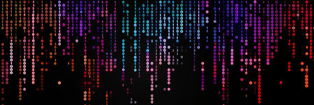 A vibrant digital matrix backdrop with cascading multicolored light beams creating a futuristic...