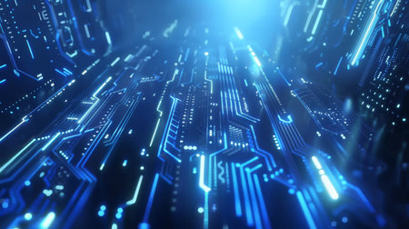 Abstract image of a glowing blue circuit board, representing advanced technology and futuristic...