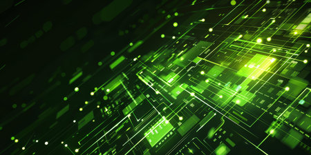 Futuristic green technology circuit board illustrating digital innovation and electronic...
