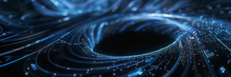 Dynamic swirl of digital lights and data, representing a futuristic technology vortex in blue tones.