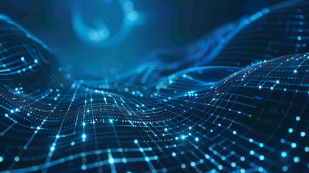 Abstract digital wave with glowing points and lines representing a data network, futuristic...