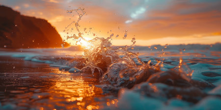Stunning sunset at the beach with waves crashing against the shore, creating a serene, beautiful...