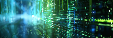 Abstract green and blue data network, representing technology, digital connections, and cyber...