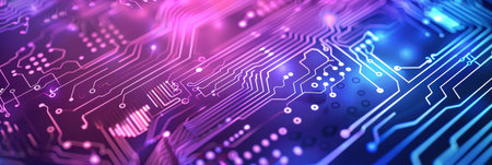 Digital circuit board lit with lights symbolizes innovation, technology, electronic components...