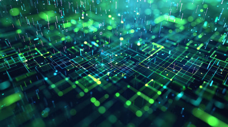 Abstract green and blue digital matrix with glowing lines and data streams. Technological...