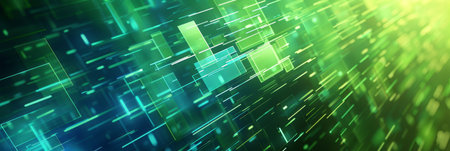 Dynamic abstract green and blue digital lines moving in a speed motion, representing technology and...
