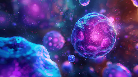 3D representation of cells in vibrant colors against an abstract backdrop, showcasing an artistic...
