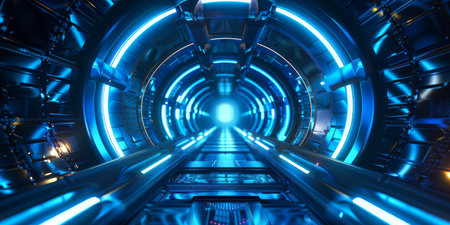 A hightech tunnel is lit by neon and a central bright beam, creating an illuminated space with futuristic vibesの写真素材