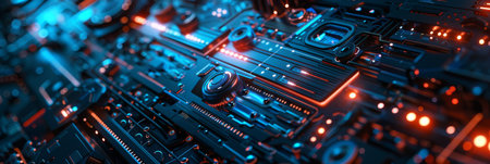 High-tech close-up view of a detailed circuit board with futuristic glowing elements and complex design.の写真素材