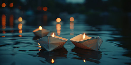 Ethereal paper boats with candles floating on a serene water body at dusk, creating a magical ambiance.の写真素材