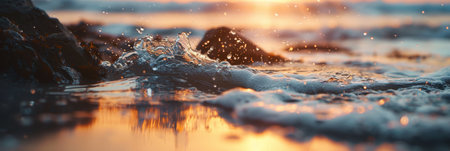 The ocean waves gently crash on the shore at sunset, creating a tranquil and peaceful scene by the beachの写真素材