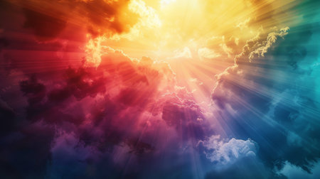 Vibrant clouds with sun rays shining through, creating a colorful sky filled with hope and...