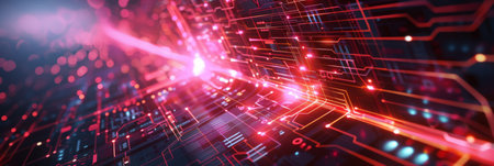 An advanced digital circuit board with red neon lights symbolizing the flow of data in a hightech...