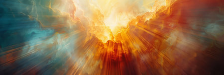 A vibrant fiery burst of light shines through clouds, embodying power and energy as a beacon of beautyの写真素材