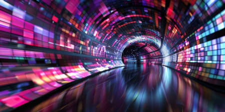 A colorful digital tunnel with vibrant neon lights, creating a futuristic and dynamic visual impact.の写真素材