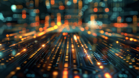 A close-up view of a futuristic circuit board with glowing lights and data streams representing...