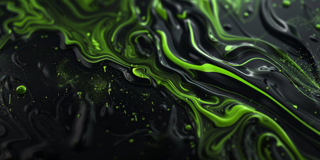 Dynamic green and black fluid art with glossy textures, perfect for modern and contemporary designs.の写真素材