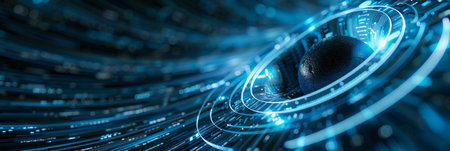 A futuristic cyber eye is featured, emitting radiant digital beams in a bluetinted cybernetic...