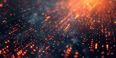 Dynamic glowing particles form a captivating abstract background in orange and blue light,...
