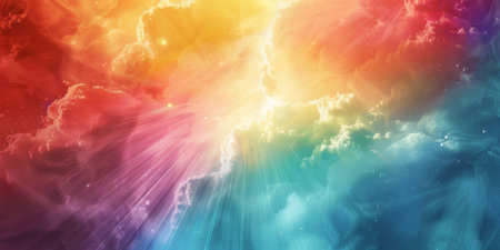 Abstract artwork of dynamic cloudscape with colorful tones and vibrant light beams, creating...