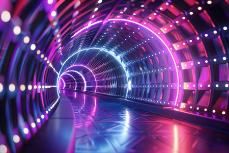 A vibrant futuristic tunnel illuminated by vivid neon lights, with reflections creating an immersive glow.の写真素材