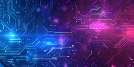 Abstract futuristic digital circuit board with blue and pink neon glowing lights. High-tech...