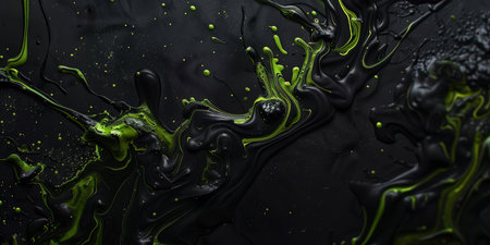 Dark green and black flowing liquid abstract painting with a dynamic, glossy texture and organic patterns.の写真素材