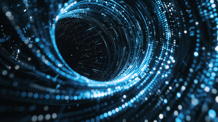 Dynamic digital data tunnel with intricate patterns of glowing lights and lines in a futuristic...